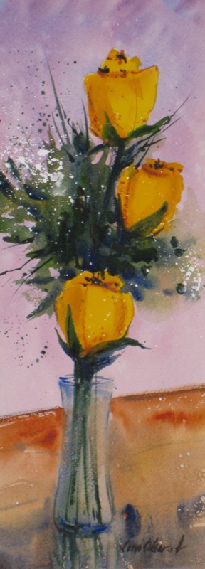 floral, flowers, roses, yellow, vase, still life, original watercolor painting, oberst